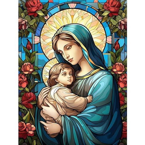 SENQAO Virgin Mary Diamond Painting Kits for Adults, Stained Glass Jesus Diamond Art for Beginners, Round 5D Paint with Diamonds Pictures Gem Art Painting Kits DIY Adult Crafts Kits 12x16inch - color: virgin mary