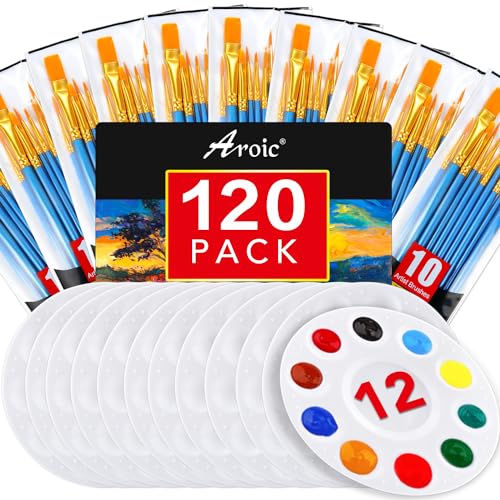 AROIC Paint Brush Palette Set, 12 Packs of 120 Brushes and 12 Tray Palettes | Nylon Brush Head, Suitable for Oil Watercolor, etc., Perfect Art Painting Set - size: 120 Brushes 12 Palettes