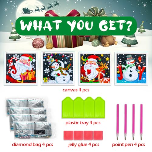 Labeol Diamond Art Kits for Kids Crafts for Girls Ages 6-8-10-12 Easy to DIY Creative Diamond Art Sticker Craft by Numbers Kits for Kids and Adult Beginners (4 Pack Christmas) - style: 4 pack Christmas