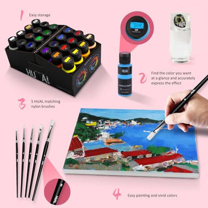 HUAL Acrylic Paint Set With 5 Brushes, 24 Colors (60ml, 2oz) for Artists Kids Beginners & Painters,Model/Canvas/Rock/Fabric/Glass/Stone/Ceramic/Wood Painting, Non Toxic - color: Black Bottle