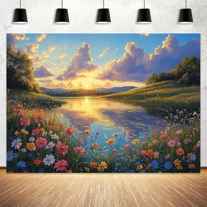 7x5ft Lake Natural Scenery Backdrop Spring Natural Scenery Flowers Landscape Mountain Forest Trees Blue Sky Sunset Photography Background Picnic Camping Hiking Spring Travel Vacation Backdrop - color: Red, size: 7x5FT