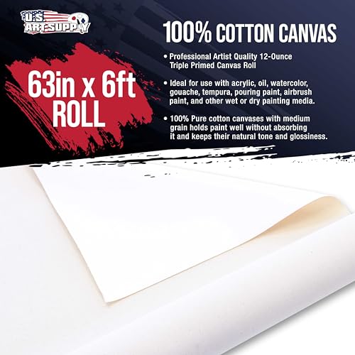 U.S. Art Supply 12-Ounce Triple Primed Gesso 63" Wide x 6' Long (2 Yards), 100% Cotton, Acid-Free - Unstretched Canvas Rolls for Painting, Oil & Acrylic, Murals - Cut to Frame Size - size: 63-Inch-x-2-Yards