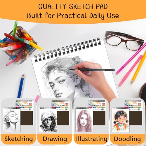 WINNER 9" x 12" Sketch Book 4 Pack, 400 Sheets Spiral Bound Art Sketchbook, 68lb/100gsm White Acid Free Drawing Pad, Sketching Drawing Writing Sketch Pad for Kids, Adults & Artists, Art Supplies - color: Brown, size: 9"x12"