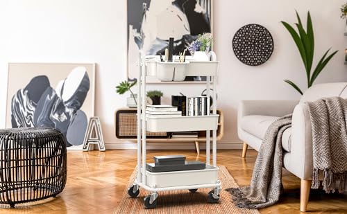 Simple Houseware 3-Tier Rolling Utility Cart with Hanging Bucket, White - color: White, size: 3-Tier