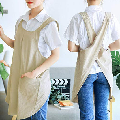 NEWGEM Japanese Cotton Linen Cross Back Cooking Apron for Women Men with Pockets Cute for Baking Kitchen - color: 06 - Women's Khaki