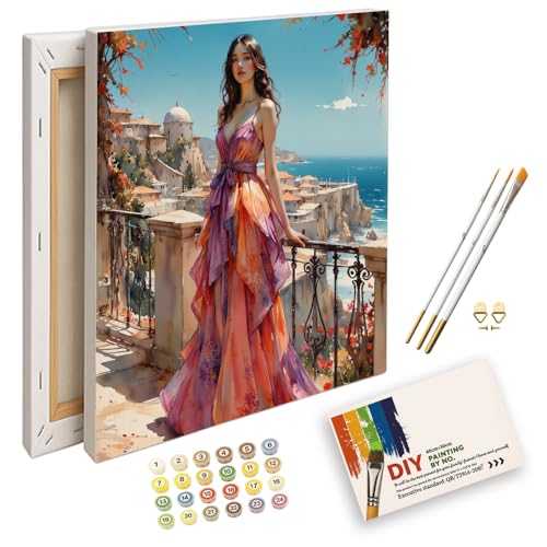 Fashion Scene Paint by Numbers Kit for Adults - DIY Woman in Vibrant Dress Overlooking Coastal Town Painting on Canvas 12X16IN framed, Acrylic Paint Set for Beginners, Art for Home Decoration/Gifts - color: FM07362, size: 12X16IN Framed
