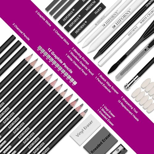 HIFORNY 42 PCS Drawing Set, Sketching Kit with Graphite & Charcoal Pencils, Blending Tools, Erasers & Accessories, Portable Zippered Travel Case for Artists & Beginners