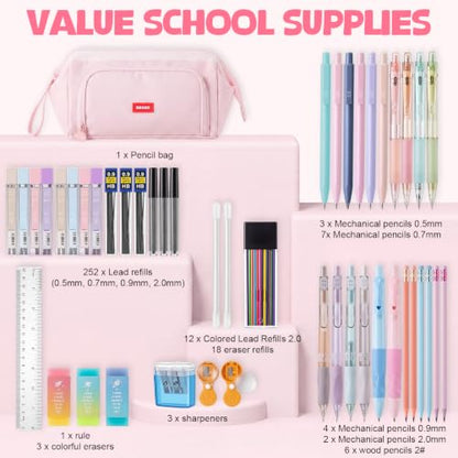 Eersida 47 Pcs Aesthetic School Supplies with Cute Pen Case, Mechanical Pencils 0.5mm, 0.7mm, 0.9mm & 2.0mm with Leads and Eraser Refills, Wood Pencils #2, for Writing, Drawing & Drafting (Pink) - color: Pink