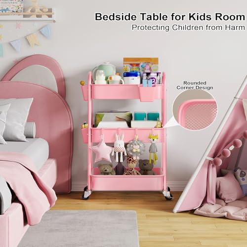3 Tier Rolling Storage Cart Metal with Wheels, Pink Three Tiered Craft Cart Organizer on Wheels, Utility Carts for Baby Nursery, Diaper Caddy, Art, Book, Snack, Nail, Makeup, Bathroom Supplies, Mesh - color: Soft Pink