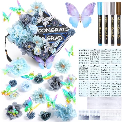 Lyrow 51 Pcs DIY Graduation Cap Decorations Kits Included Grad Cap Pens Faux Flowers Letter Number Stencils Rhinestones Stickers 3D Butterflies for Grad Hat Topper Decors Craft Art DIY(Dark Blue) - color: Dark Blue
