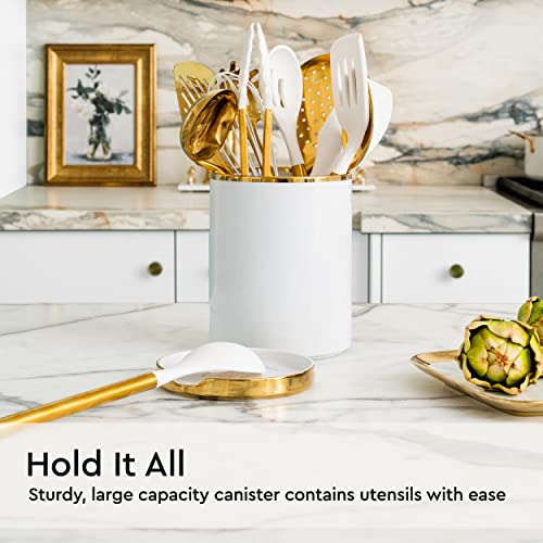 STYLED SETTINGS White Utensil Holder with Built-In Ceramic Spoon Rest | 2-Piece White and Gold Spatula Holder, Kitchen Accessory, Utensils Not Included, White & Gold - color: White & Gold