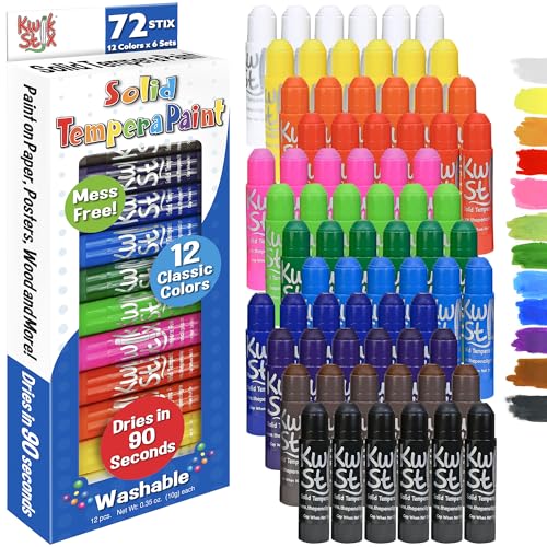 Kwik Stix Solid Tempera Paint Sticks - 6-Set of 12-Pack (72 Total) - Washable, Quick-Dry (90 Sec), Non-Toxic, Allergen-Free, ASTM Certified Art Supplies, Mess-Free Twist & Paint for Kids & Classrooms