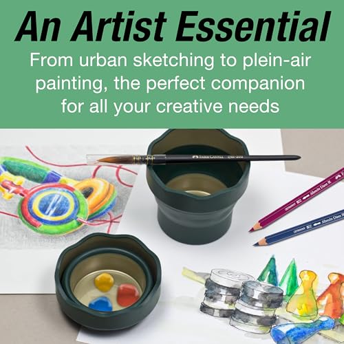 Faber-Castell Clic & Go Artist Water Cup, Dark Green - Travel-Friendly Collapsible Brush Cleaner Tool with Brush Stand, Scalloped Rim, Non-Slip Base, Portable Palette & Rinser - size: 1 Count (Pack of 1), style: Dark Green