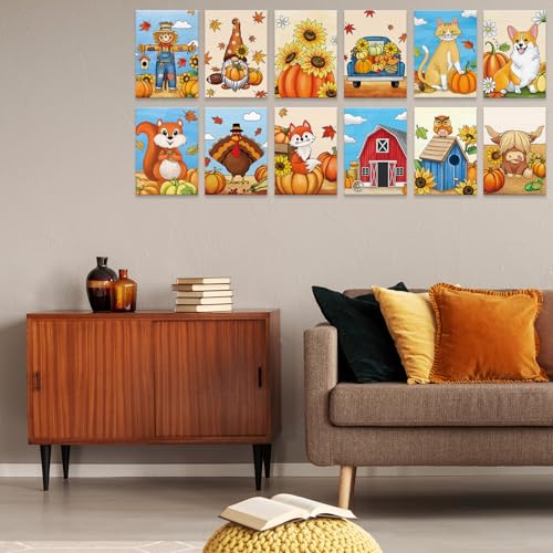 12 Packs Thanksgiving Pre Drawn Canvas to Paint, 5" X 7" Fall Pre Printed Canvas for Kids, Pre Stretched Canvas Outline Painting Boards for Beginners, Students, Party Favor - style: Fall