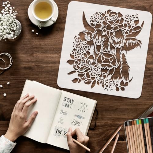 FINGERINSPIRE 2pcs Layered Floral Cow Painting Stencil 11.8x11.8 inch Reusable Peony Flower Bundle Cow Drawing Template Farm Animal Stencil for Painting on Wood Wall Fabric Paper Furniture - color: Layered Floral Cow