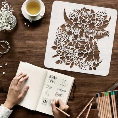 FINGERINSPIRE 2pcs Layered Floral Cow Painting Stencil 11.8x11.8 inch Reusable Peony Flower Bundle Cow Drawing Template Farm Animal Stencil for Painting on Wood Wall Fabric Paper Furniture - color: Layered Floral Cow