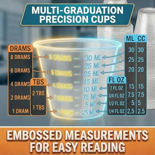 Disposable Medicine Cups Graduated, Bulk Pack of 100, 1 oz (30ml) Small Plastic Measuring Cup for Liquid Medication, Paint, epoxy, Pill and Resin. - size: 1 oz
