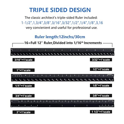 Architectural Scale Ruler with Straight Ruler, 12 Inches Imperial Measurements, Blcak Laser-Etched Aluminum Architect Triangular Ruler for Architects, Engineers, Architects, Students and Draftsman | Black, Laser-Etched Aluminum Architect Triangular Ruler