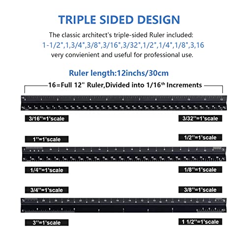 Architectural Scale Ruler with Straight Ruler, 12 Inches Imperial Measurements, Blcak Laser-Etched Aluminum Architect Triangular Ruler for Architects, Engineers, Architects, Students and Draftsman | Black, Laser-Etched Aluminum Architect Triangular Ruler