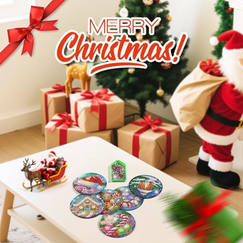 Zynlio Christmas Diamond Paintings Coasters Kits Set with Holder, Christmas Diamond Art, DIY Diamond Crafts Coasters for Adults, Diamond Art Painting Kits for Women, Beginners, Diamond Craft Supplies - color: christmas