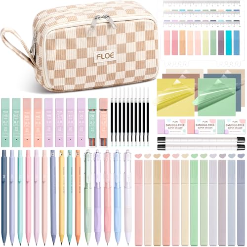 62PCS Aesthetic School Supplies Cute Back to School Supplies Stationary Set | College Preppy Essentials Kit with Large Pencil Pouch Case, Pastel Highlighters Gel Pens Mechanical Pencils for Student Girls - color: Beige Checked