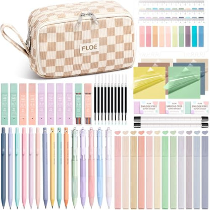 62PCS Aesthetic School Supplies Cute Back to School Supplies Stationary Set | College Preppy Essentials Kit with Large Pencil Pouch Case, Pastel Highlighters Gel Pens Mechanical Pencils for Student Girls - color: Beige Checked