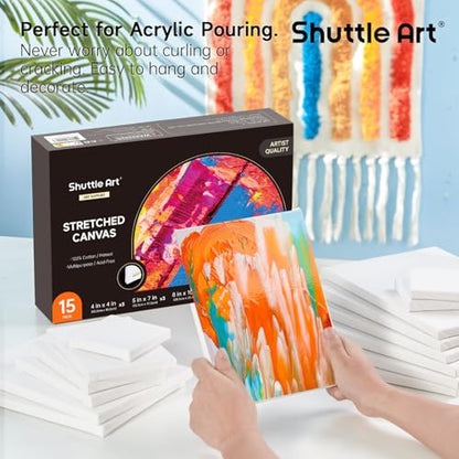 Shuttle Art Canvas for Painting, 15 Pack Multi-Size 4x4/5x7/8x10/9x12/11x14 Inch, Stretched Canvas, 100% Cotton, Primed White Blank Art Canvases, Ideal for Acrylic Oil Acrylic Pouring - size: 15 Multi Pack-4x4", 5x7", 8x10", 9x12", 11x14"