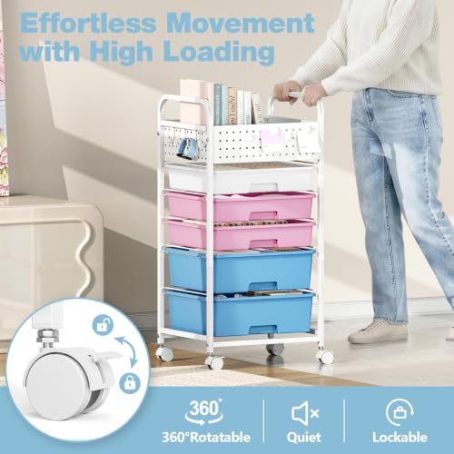 5 Drawer Rolling Storage Cart with Pegboard Top and Hooks, Pink&Blue - color: Pink&Blue, size: 5-Drawers