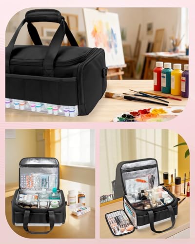 Marscamd Acrylic Paint Organizer Holds 60 Bottles (2 oz), Acrylic Paint Bag | with Tools Storage Sections & Crossbody Strap, Water-repellent fabric, Aluminum-lining, Black - color: Black