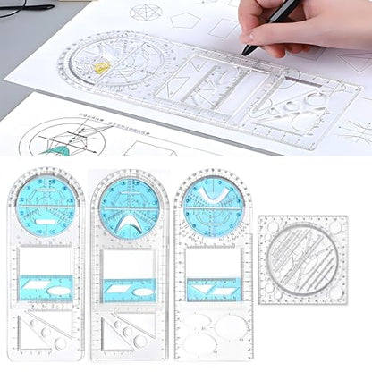 4 Pcs Multifunctional Geometric Ruler,Math Measuring Rulers for Drawing and Art,Metric Ruler Drawing Tool for School Office Supplies and Build