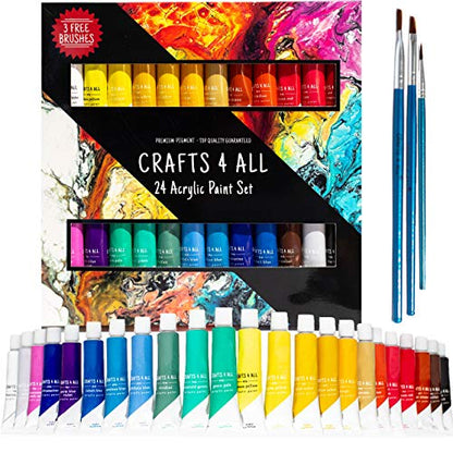 Crafts 4 All Acrylic Paint Set for Adults and Artists - 24 Pack of 12mL Paints with 3 Art Brushes, Non-Toxic Craft Paint for Easter Eggs, Ceramic Rock- Art Supplies - size: 0.41 Fl Oz (Pack of 24)
