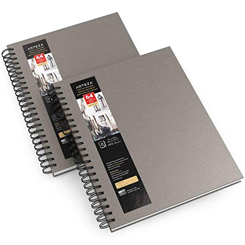 ARTEZA Watercolor Sketchbook 2-Pack, 9x12 Inches – 64 Pages Each, Spiral-Bound 140 lb Cold Press Paper, Gray Hardcover Journal for Mixed Media - color: Gray, size: 9x12 inch - 2 pack