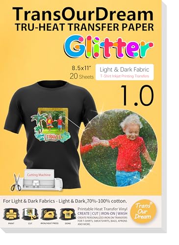 TransOurDream Heat Transfer Paper for Dark T Shirts (Glitter, 20 Sheets, 8.5x11") Iron on Transfers Paper for Dark Fabric Printable Heat Transfer Vinyl for Inkjet Printer - color: Glitter, size: 20 Sheets