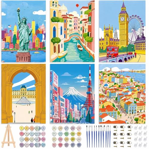 EggSun 6 Pack Framed Paint by Numbers Kit for Adults,Beginners with Wooden Easel,DIY Acrylic Oil Painting Paint by Numbers Kits on Canvas for Home Decor(Scenery-Cityscape,8x12Inch) - style: Scenery Cityscape