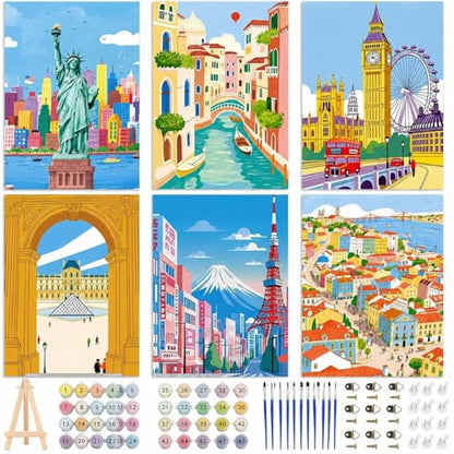 EggSun 6 Pack Framed Paint by Numbers Kit for Adults,Beginners with Wooden Easel,DIY Acrylic Oil Painting Paint by Numbers Kits on Canvas for Home Decor(Scenery-Cityscape,8x12Inch) - style: Scenery Cityscape
