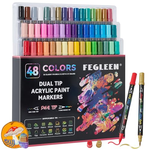 48 Colors Acrylic Paint Markers,Dual Tip Acrylic Markers with Fine Tip and Brush Tip Contain 12 Metallic Colors for Rock Painting,Egg,Wood,Glass,Canvas,Fabric,Ceramic,Crafts,Art Supplies - color: 48 Colors