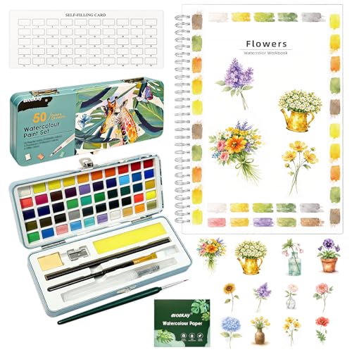 EVOCKAY Watercolor Workbook：12 Patterns with 50 Vivid Colors – Complete with Palette and Brush – Perfect for Artists of All Levels! - color: Flower-50 Colors