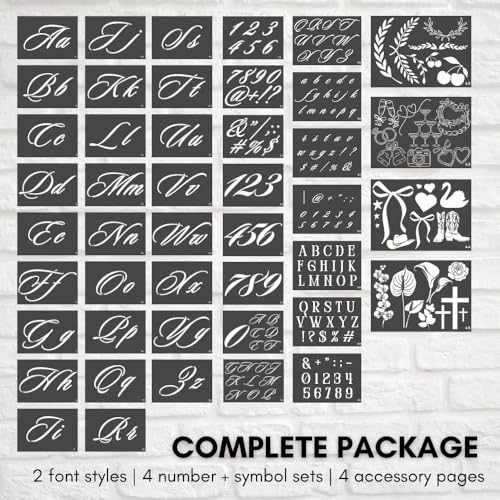 Boutique Calligraphy Stencil Template Kit | 45 Reusable Pieces | Lettering Upper, Lowercase, Large & Small | Numbers, Punctuation, Laurels and Flowers - for Arts Crafts Painting Wood (Signature Kit) - style: Signature Stencils