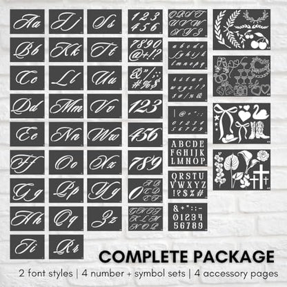 Boutique Calligraphy Stencil Template Kit | 45 Reusable Pieces | Lettering Upper, Lowercase, Large & Small | Numbers, Punctuation, Laurels and Flowers - for Arts Crafts Painting Wood (Signature Kit) - style: Signature Stencils