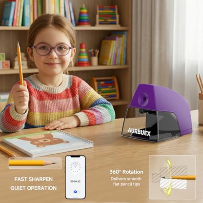 Electric Pencil Sharpener for 6 to 8 mm Pencils Helical Blade Fast 4 Second Sharpening Large Shavings Bin Non Slip Feet Safe Design for Classroom Office and Home Purple(S1131) - color: Purple