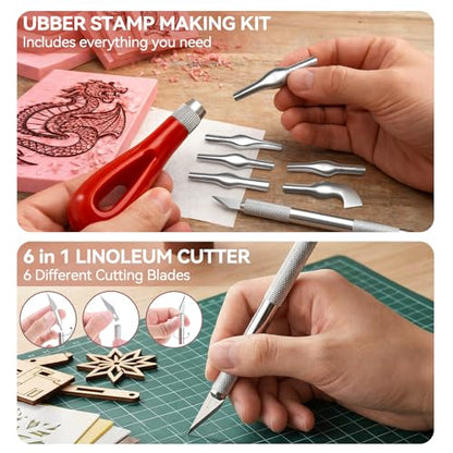 WAYCOM 18Pcs Linoleum Blocks for Printmaking: Linocut kit with Tools & Ink - 4x6 Rubber Carving Blocks - Art Craft Supplies for Beginners & Hobbyists - Gifts for Christmas/Birthday/Art Enthusiast - color: Pink-4 Carving Blocks