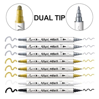 TRANSON 3 Gold, 3 Silver, 1 Black and 1 White Paint Markers Bold and Fine Dual-tip Acrylic Paint Marker Set for Rock Painting Glass Canvas Wood Leather Ceramic Painting - style: Bold and Fine 3 Gold 3 Silver 1 Black and 1 White