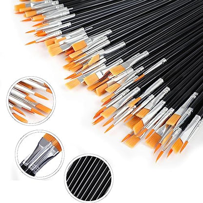 AROIC Small Paint Brushes Bulk,110 Pcs Nylon Hair Paint Brushes Black | with Flat and Round Pointed Acrylic Paint Brush Set,Craft Oil Watercolor Face Artist and Kids Painting Kits - color: Black, size: 55 Flat + 55 Fine