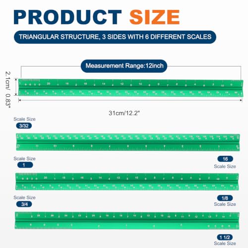 HARFINGTON Architectural Scale Ruler, 12 Inch Standard Aluminum Alloy Architect Triangular Small Scale Laser-Etched Blueprint Drafting Ruler for Architects Engineers, Green - color: Green, size: 12 Inch
