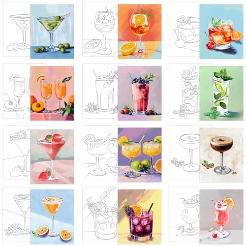 Affrolling 12 Pcs Pre Drawn Canvas for Painting for Adults 8 x 8 Inch Canvas Painting Kits Stretched with Drawing Ready to Paint Beginner Artists Date Night Party Supplies(Cocktail) - style: Cocktail