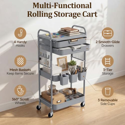 3 Tier Rolling Cart with 2 Drawers, Metal Utility Storage Carts with Wheels | Kitchen Rolling Cart 4.5" Deep Basket, Mesh Side Panel with 3 Cups, 4 Hooks for Office, Bedside, Craft Storage Cart - color: Dark Dray