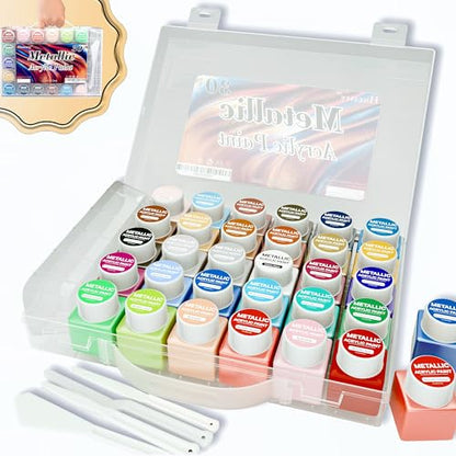 Metallic Acrylic Paint Set of Premium 30 Colors with Boxes, Professional Grade Metallic Paint with 1fl oz（30ml） Bottles, Non-Toxic, Rich Pigments - For Artists, Hobby Painters, Kids
