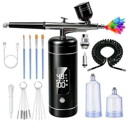 Cordless Airbrush Kit with Compressor,48 PSI High-Pressure, 6000mAh Rechargeable, 3-Speed Adjustable - 0.2/0.5 mm Nozzles & 3 Cups,Non-Clogging for Cake,Models, Makeup,Painting,Nails Art (Black) - color: Black