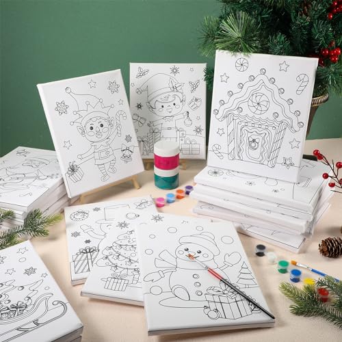 Sherr 20 Pcs Christmas Pre Drawn Canvas for Painting for Adults | Bulk 8" x 10" Pre Stretched Outline Painting Boards for Beginners Students, Happy New Year Party Favor - style: Holiday