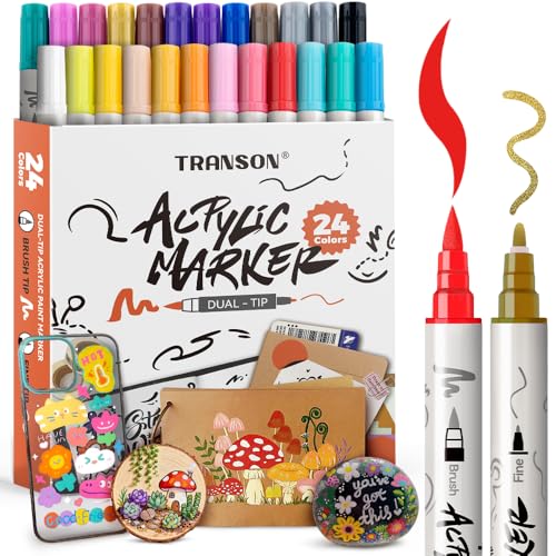 TRANSON 24 Colors Fine and Brush Dual-tip Acrylic Paint Marker Pen Set for Canvas Rock Wood Leather Ceramic DIY Painting - color: 24 Colors